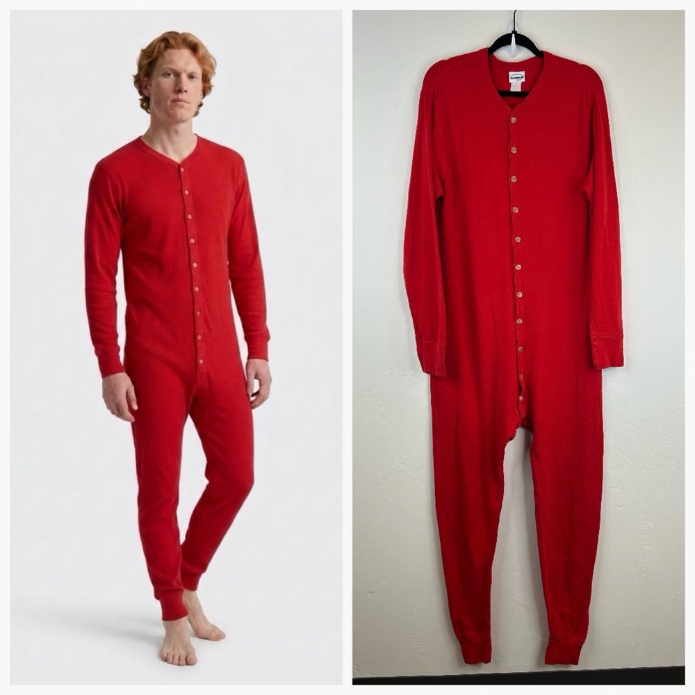 Vintage Thermal Union Suit Size L One Piece Long Johns Red Button Up Duofold